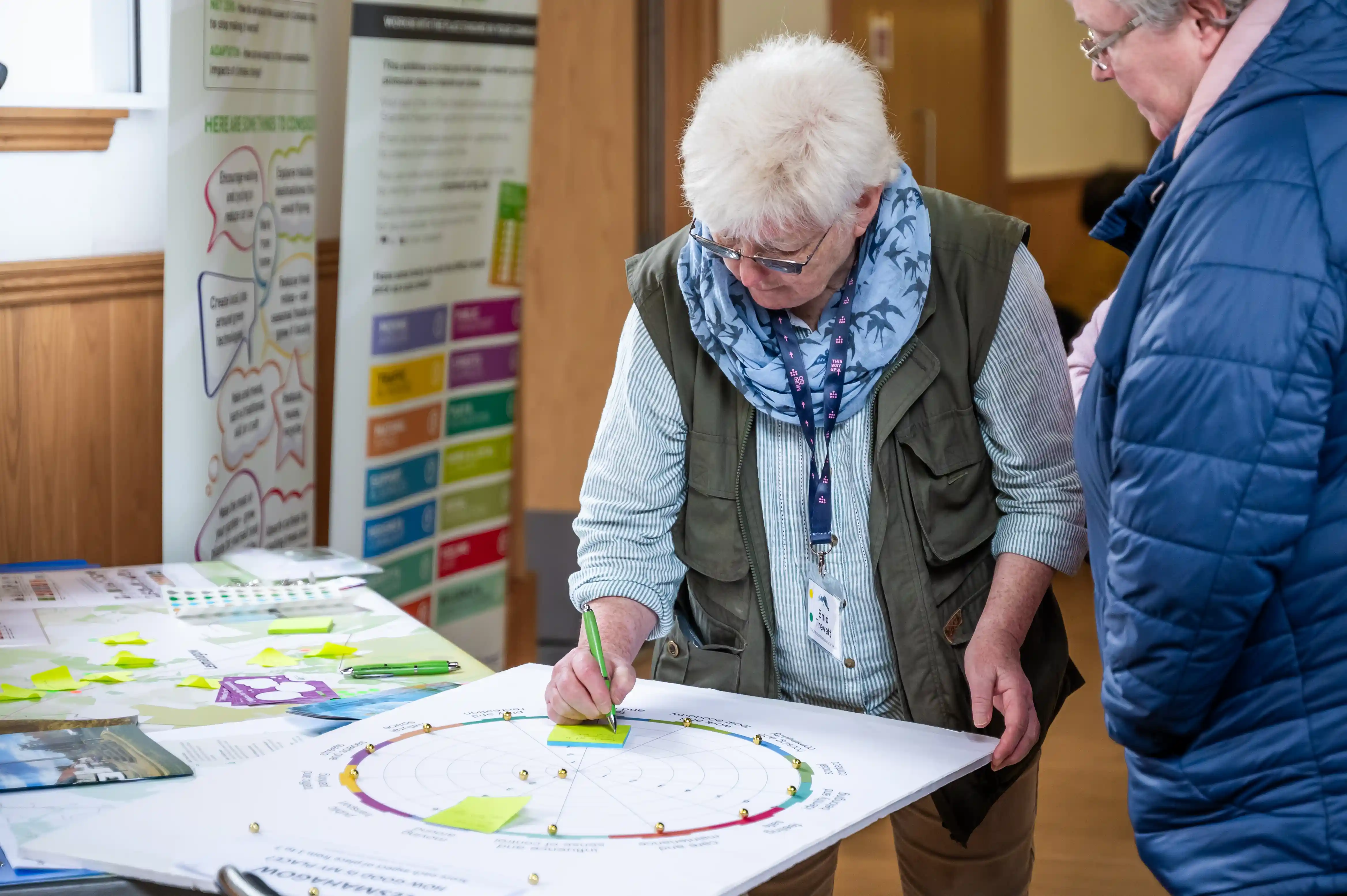Woman adding post it note to chart at Lanarkshire Climate Action Festival 2024 - Photography by Lucy Knott